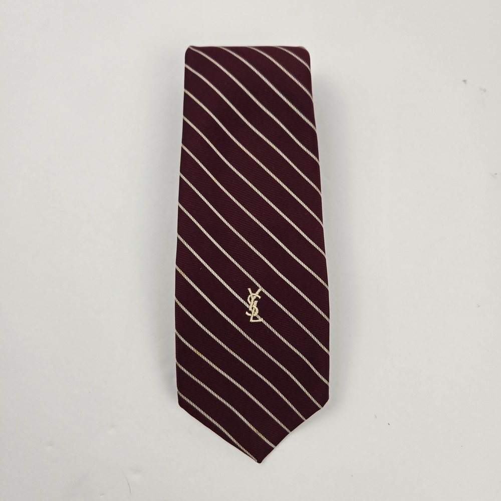 Yves Saint Laurent Mens Silk Tie Burgundy White Striped Embroidered Logo Vintage
